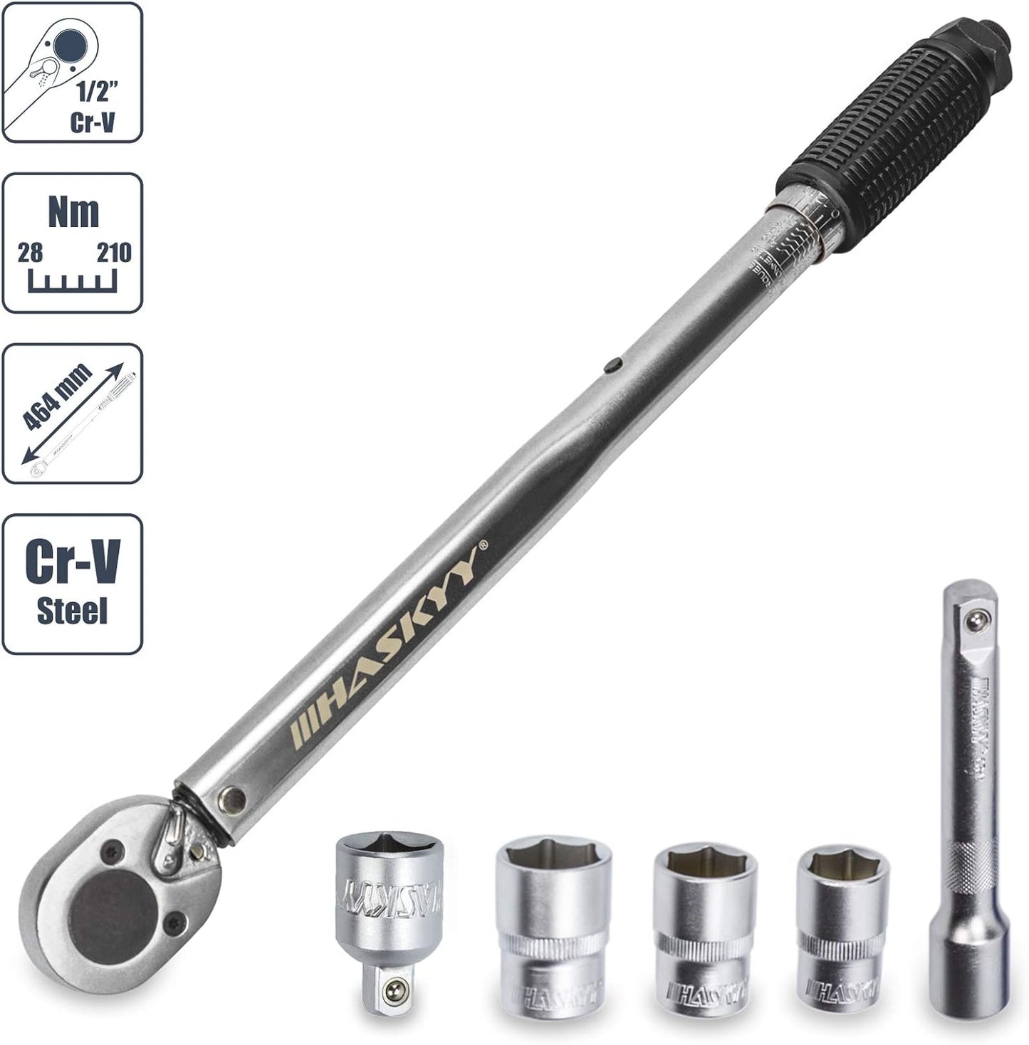 HASKYY Drehmomentschlüssel 28-210 Nm 1/2" Radschrauben-Radmuttern-Schraubenschlüssel Inkl. Verlängerung & Radschrauben-Stecknüsse 17Mm-19Mm-21Mm
