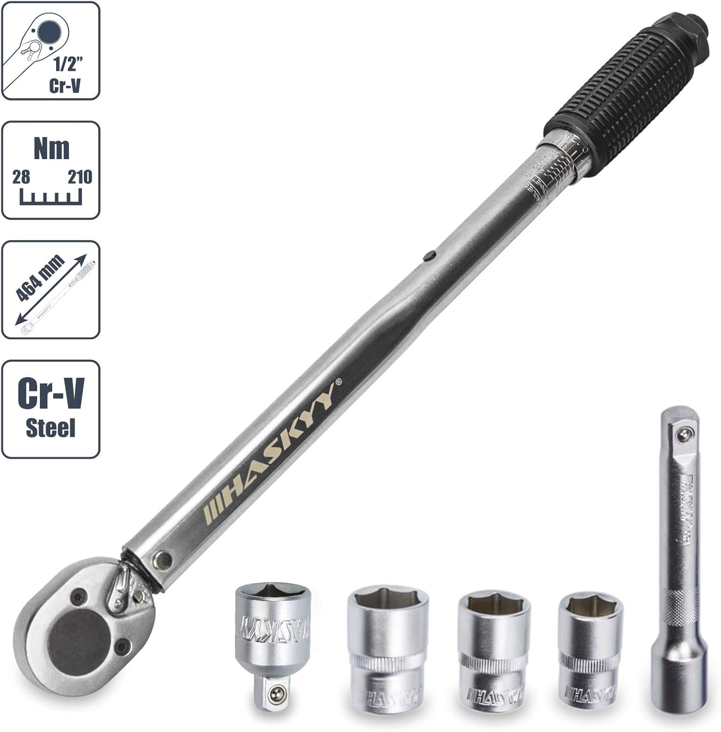 HASKYY Drehmomentschlüssel 28-210 Nm 1/2" Radschrauben-Radmuttern-Schraubenschlüssel Inkl. Verlängerung & Radschrauben-Stecknüsse 17Mm-19Mm-21Mm