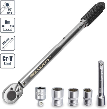 HASKYY Drehmomentschlüssel 28-210 Nm 1/2" Radschrauben-Radmuttern-Schraubenschlüssel Inkl. Verlängerung & Radschrauben-Stecknüsse 17Mm-19Mm-21Mm