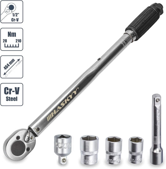 HASKYY Drehmomentschlüssel 28-210 Nm 1/2" Radschrauben-Radmuttern-Schraubenschlüssel Inkl. Verlängerung & Radschrauben-Stecknüsse 17Mm-19Mm-21Mm