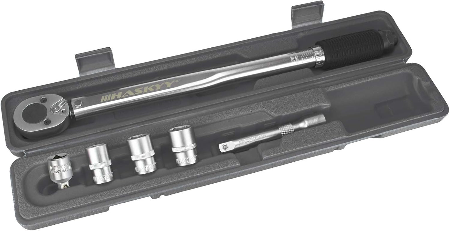 HASKYY Drehmomentschlüssel 28-210 Nm 1/2" Radschrauben-Radmuttern-Schraubenschlüssel Inkl. Verlängerung & Radschrauben-Stecknüsse 17Mm-19Mm-21Mm
