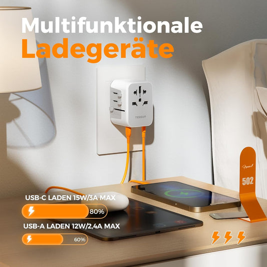 TESSAN Reiseadapter Weltweit, Universal Reisestecker Mit 3 USB a Und 1 USB C, Internationaler Steckdosenadapter, Universaladapter Für England USA Japan Thailand Australien, Travel Adapter