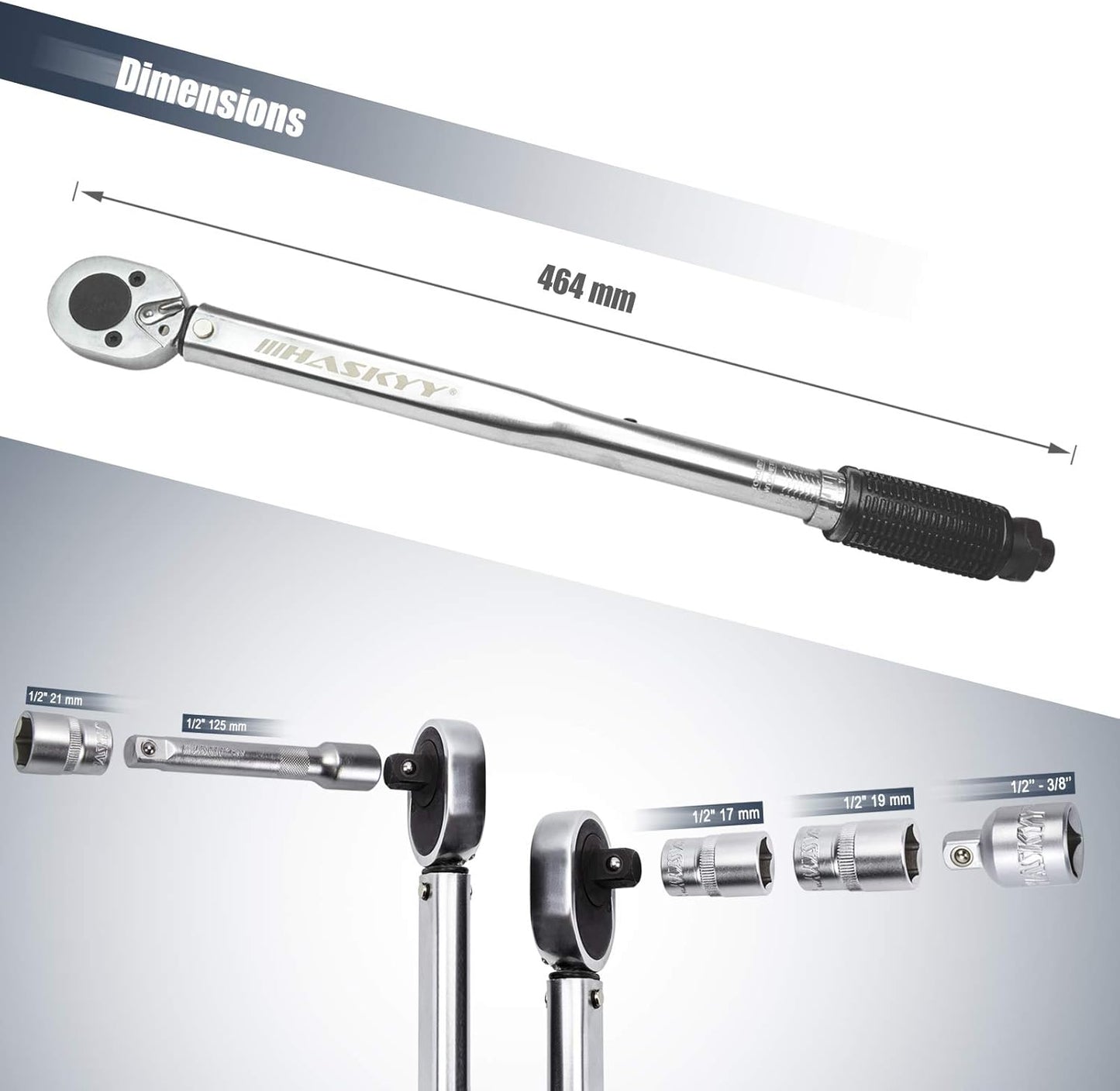 HASKYY Drehmomentschlüssel 28-210 Nm 1/2" Radschrauben-Radmuttern-Schraubenschlüssel Inkl. Verlängerung & Radschrauben-Stecknüsse 17Mm-19Mm-21Mm