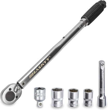 HASKYY Drehmomentschlüssel 28-210 Nm 1/2" Radschrauben-Radmuttern-Schraubenschlüssel Inkl. Verlängerung & Radschrauben-Stecknüsse 17Mm-19Mm-21Mm