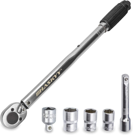 HASKYY Drehmomentschlüssel 28-210 Nm 1/2" Radschrauben-Radmuttern-Schraubenschlüssel Inkl. Verlängerung & Radschrauben-Stecknüsse 17Mm-19Mm-21Mm