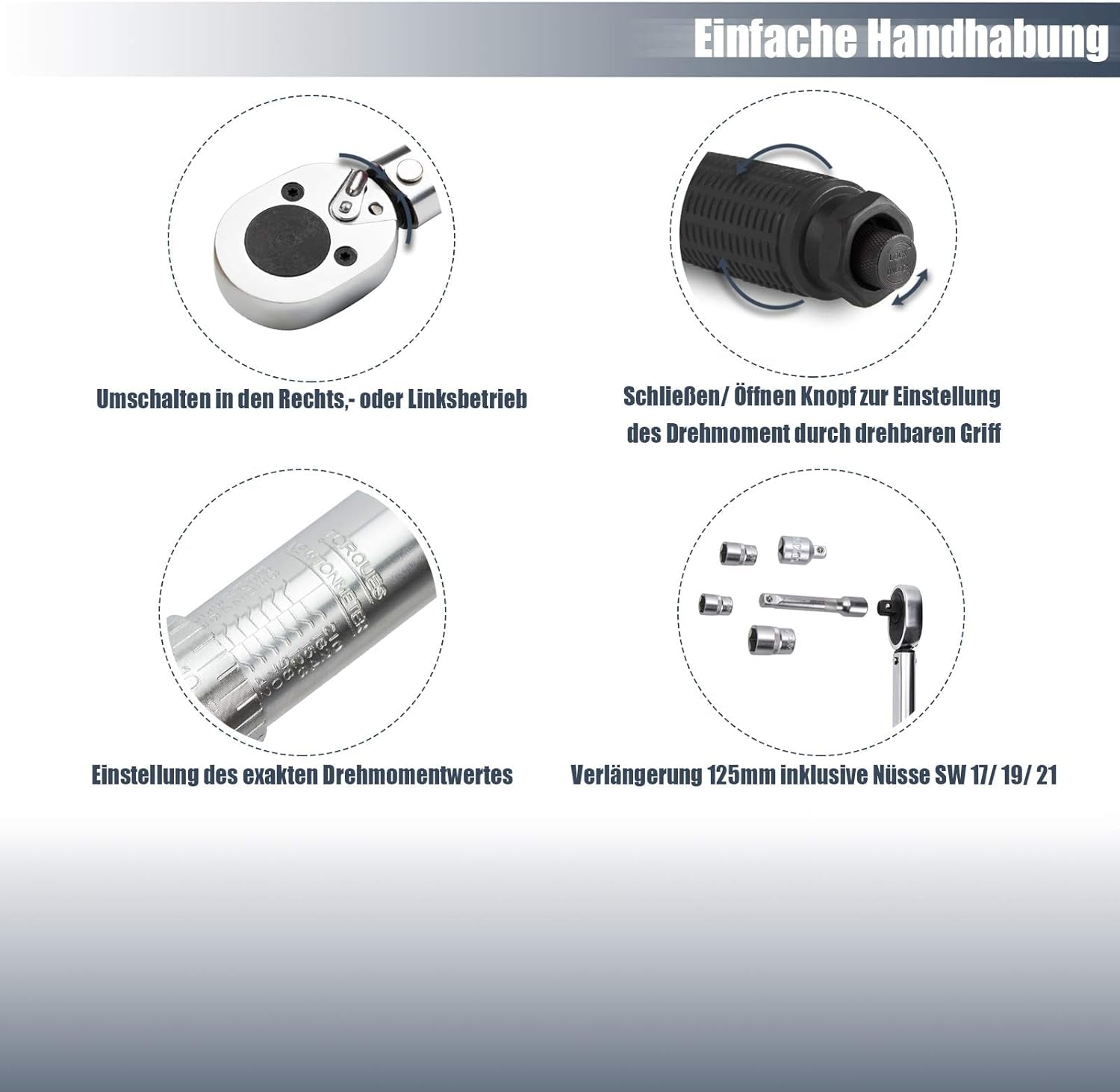 HASKYY Drehmomentschlüssel 28-210 Nm 1/2" Radschrauben-Radmuttern-Schraubenschlüssel Inkl. Verlängerung & Radschrauben-Stecknüsse 17Mm-19Mm-21Mm