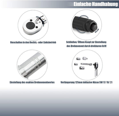 HASKYY Drehmomentschlüssel 28-210 Nm 1/2" Radschrauben-Radmuttern-Schraubenschlüssel Inkl. Verlängerung & Radschrauben-Stecknüsse 17Mm-19Mm-21Mm